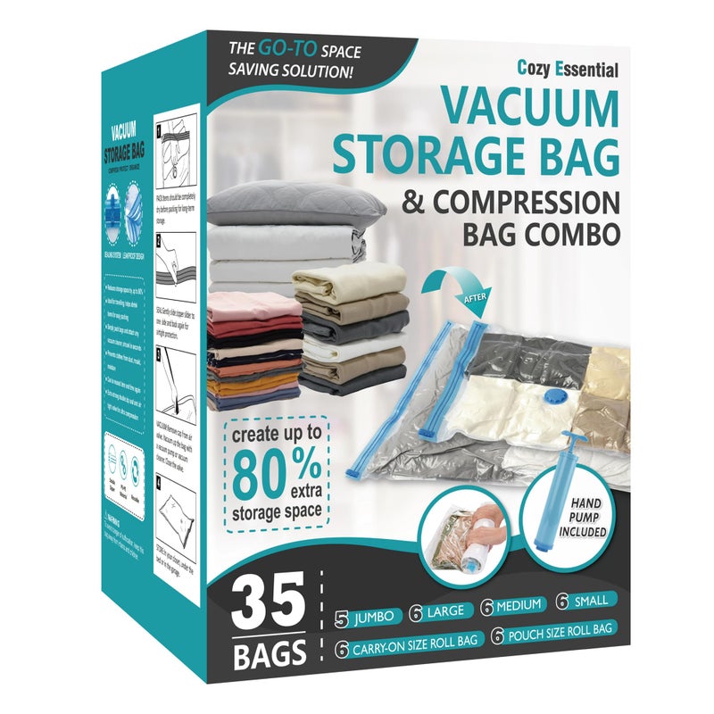 Cozy Essential 35 Pack Space Saver Bags (5 Jumbo/6 Large/6 Medium/6 Small/6 Roll-M/6 Roll-S) Compression Storage Bags for Comforters and Blankets  Vacuum Sealer Bags for Clothes Storage  Hand Pump Included - Image 1